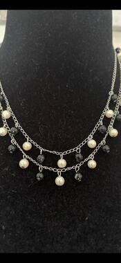 Silver Tone Necklace White And Black Beads